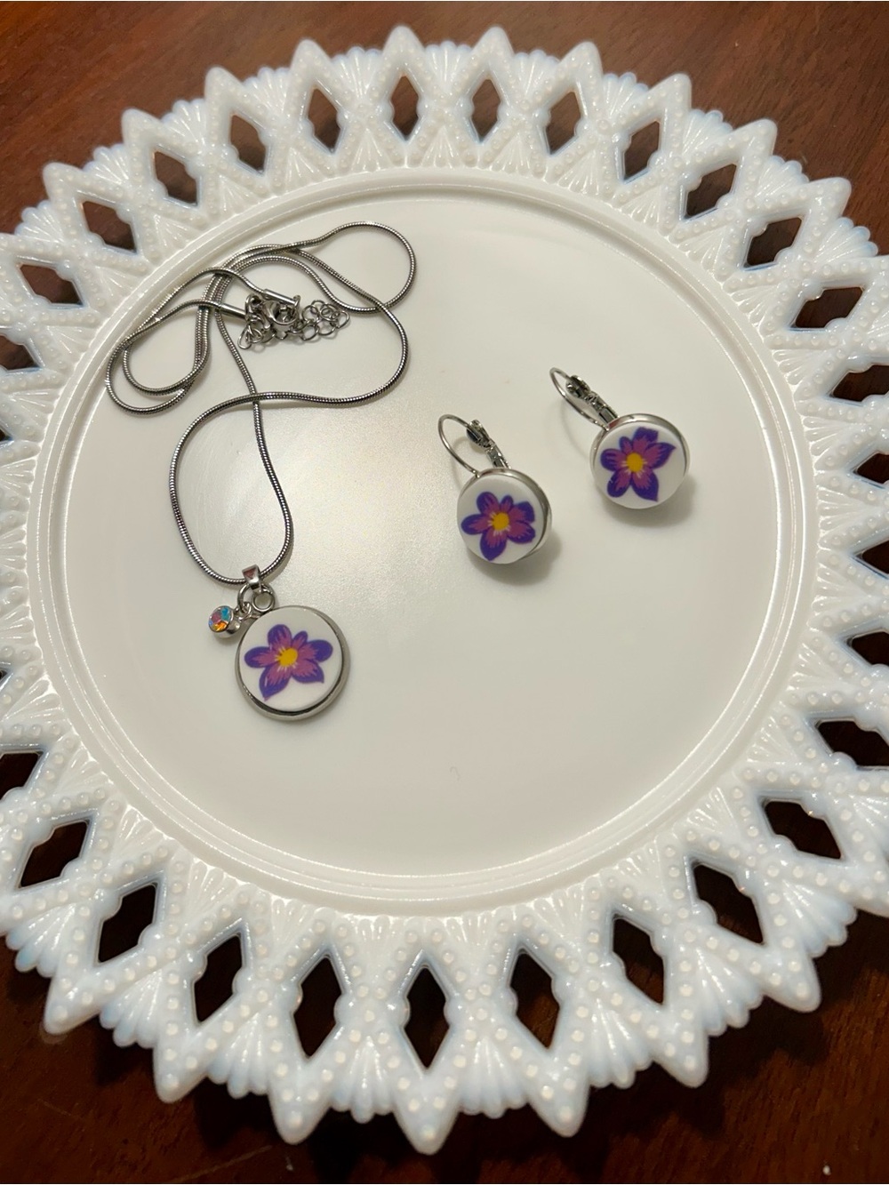 Purple Floral Pendant Necklace and Earring Set - Broken China Women Jewelry